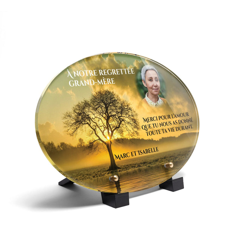 Plaque funéraire arbre-au-soleil-forme-ovale 23 Plaquedeces.fr