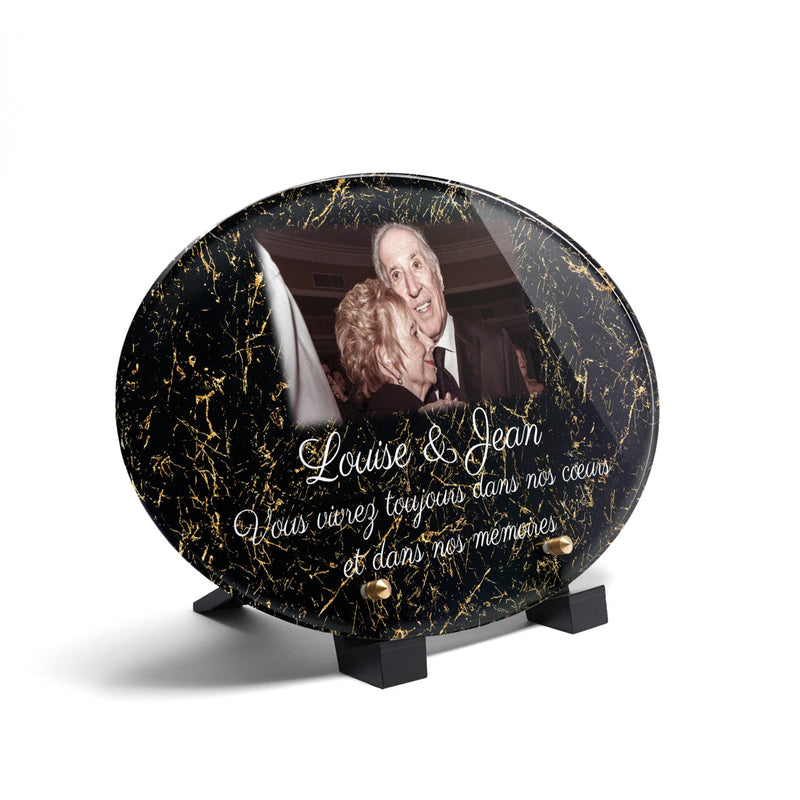 Plaque funéraire livre-marbre-noir-et-or-forme-ovale 22 Plaquedeces.fr