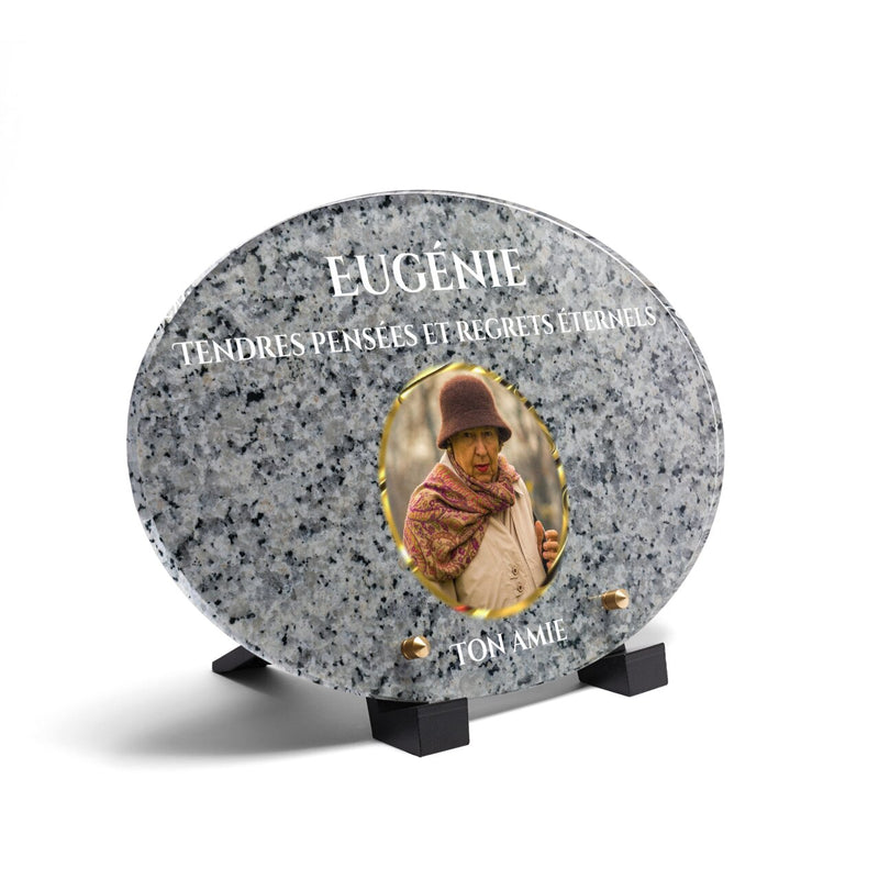 Plaque funéraire livre-granite-gris-forme-ovale 24 Plaquedeces.fr