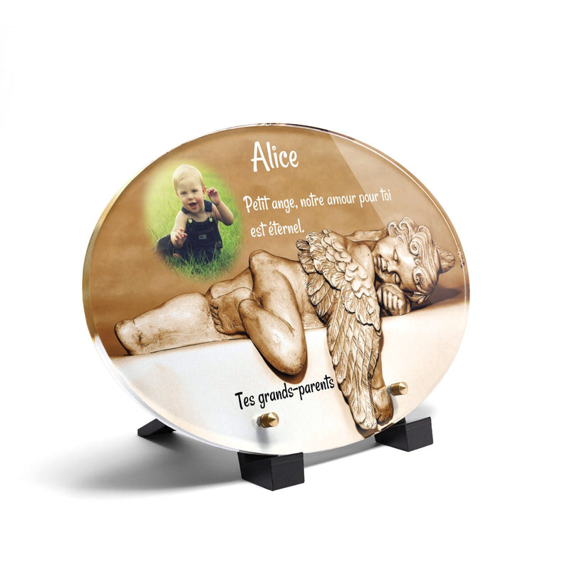 Plaque funéraire petit-ange-qui-dort-forme-ovale 24 Plaquedeces.fr