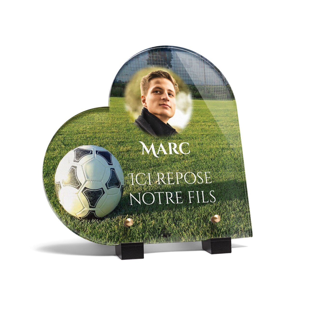 Plaque funéraire ballon-de-football-forme-coeur 2 Plaquedeces.fr
