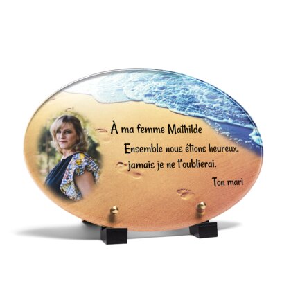 Plaque funéraire empreinte-sable-forme-ovale 12 Plaquedeces.fr
