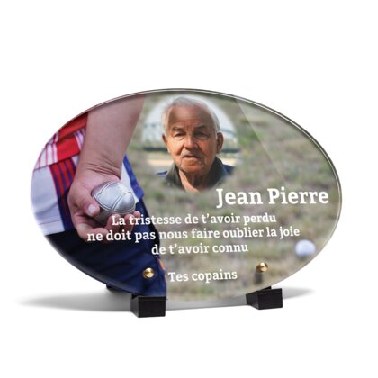 Plaque funéraire boule-de-petanque-forme-ovale 30 Plaquedeces.fr
