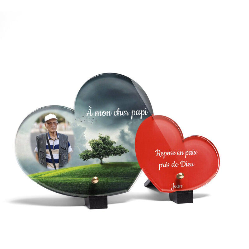 Plaque funéraire arbre-dans-champ-vert-forme-double-coeur 23 Plaquedeces.fr
