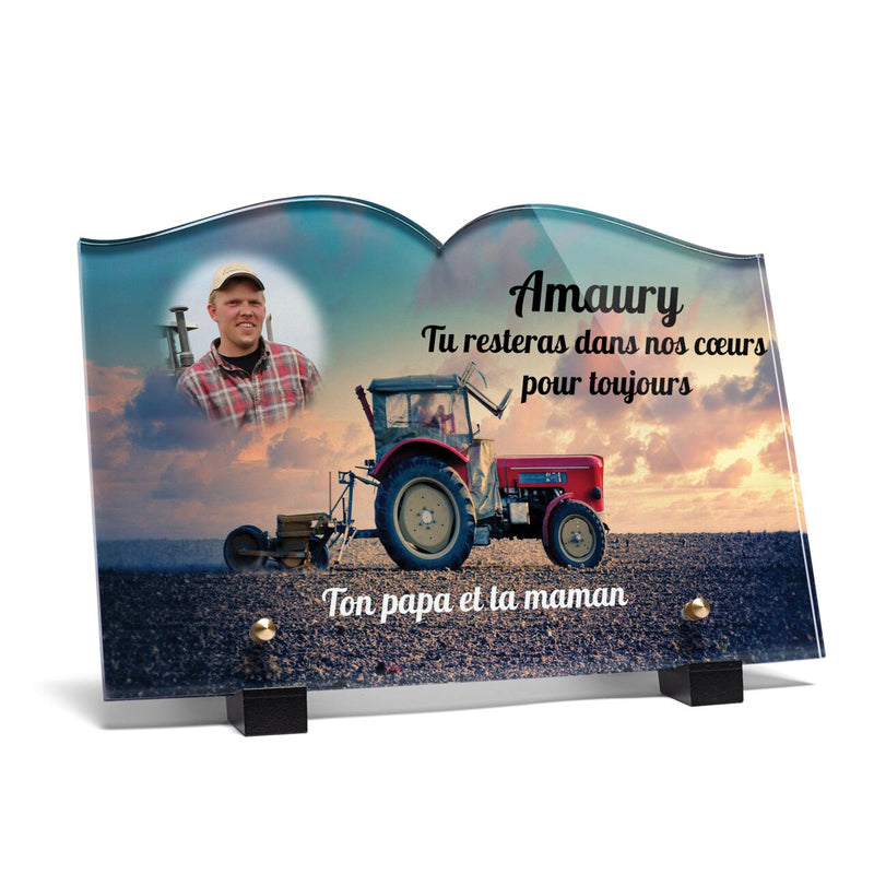 Plaque funéraire agriculteur-avec-son-tracteur-forme-livre 4 Plaquedeces.fr
