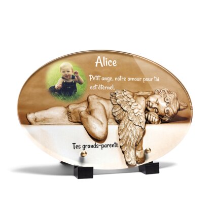 Plaque funéraire petit-ange-qui-dort-forme-ovale 13 Plaquedeces.fr
