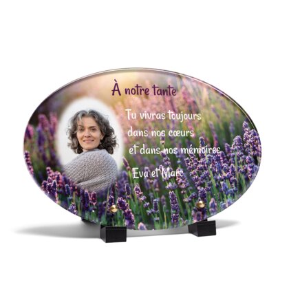 Plaque funéraire lavande-au-soleil-forme-ovale 22 Plaquedeces.fr
