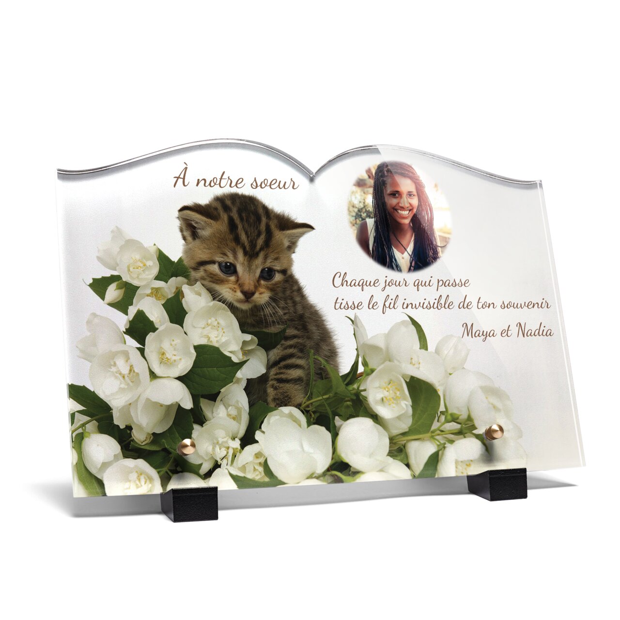 Plaque funéraire chaton-sur-fleurs-blanches-forme-livre 14 Plaquedeces.fr
