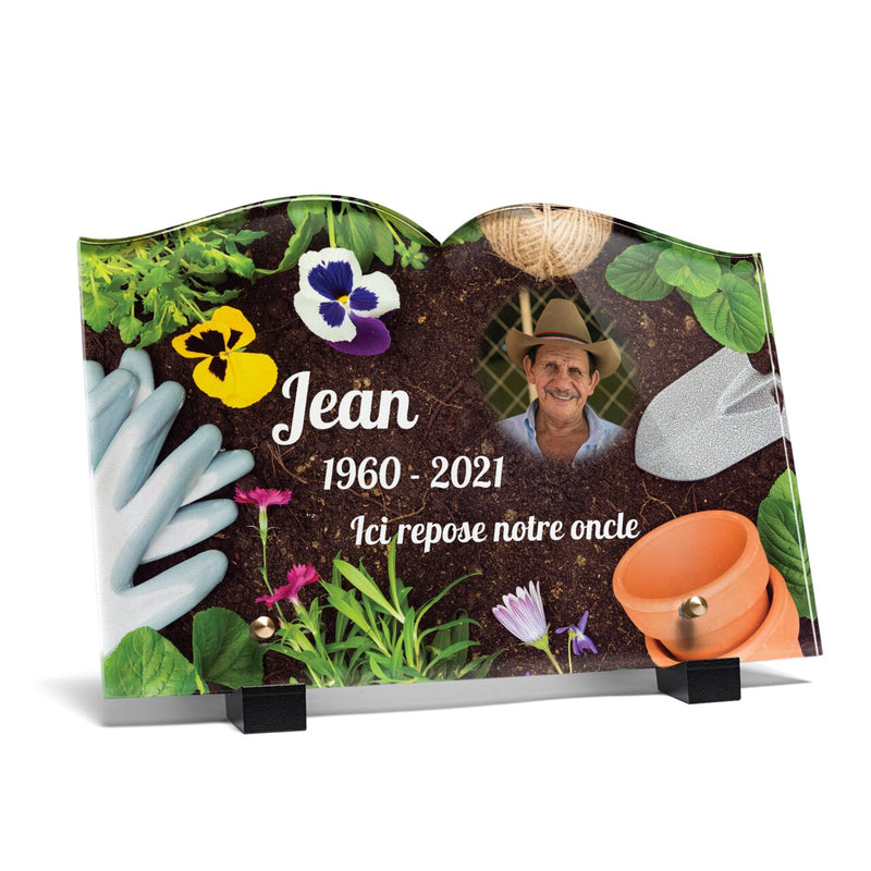 Plaque funéraire jardinage-vue-den-haut-forme-livre 16 Plaquedeces.fr
