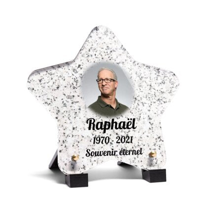 Plaque funéraire livre-granite-gris-forme-etoile 30 Plaquedeces.fr
