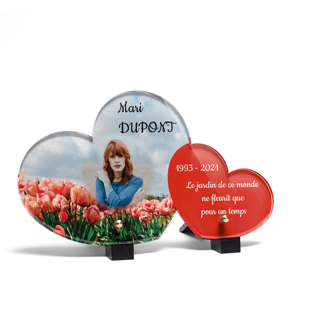 Plaque funéraire champ-de-tulipes-forme-double-coeur 22 Plaquedeces.fr
