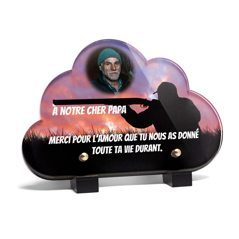 Plaque funéraire chasseur-sous-ciel-rouge-forme-nuage 28 Plaquedeces.fr
