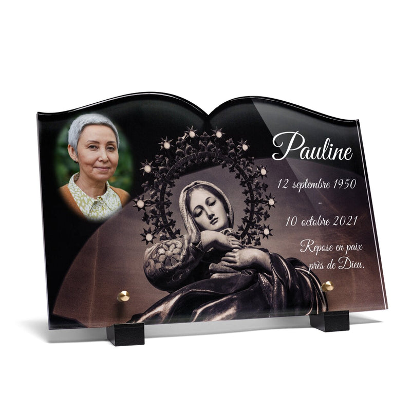 Plaque funéraire vierge-marie-couronnee-detoiles-forme-livre 8 Plaquedeces.fr
