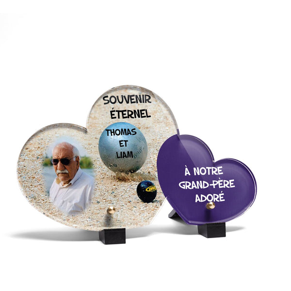 Plaque funéraire boule-de-petanque-forme-double-coeur 1 Plaquedeces.fr
