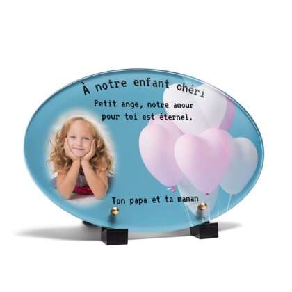 Plaque funéraire ballons-coeurs-forme-ovale 27 Plaquedeces.fr

