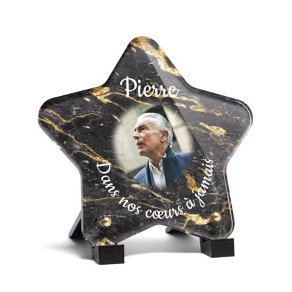 Plaque funéraire livre-marbre-noir-et-or-forme-etoile 1 Plaquedeces.fr
