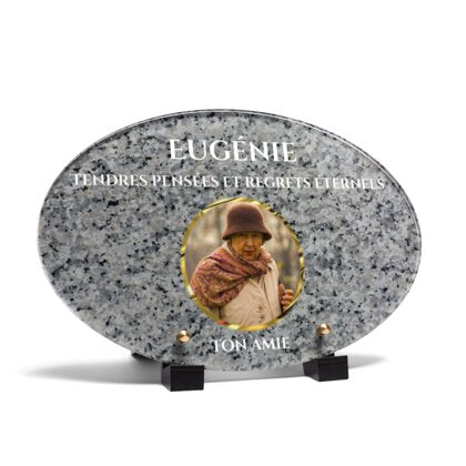 Plaque funéraire livre-granite-gris-forme-ovale 17 Plaquedeces.fr
