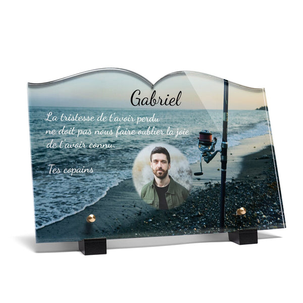 Plaque funéraire canne-a-peche-a-la-plage-forme-livre 23 Plaquedeces.fr
