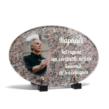 Plaque funéraire livre-granit-rose-forme-ovale 9 Plaquedeces.fr

