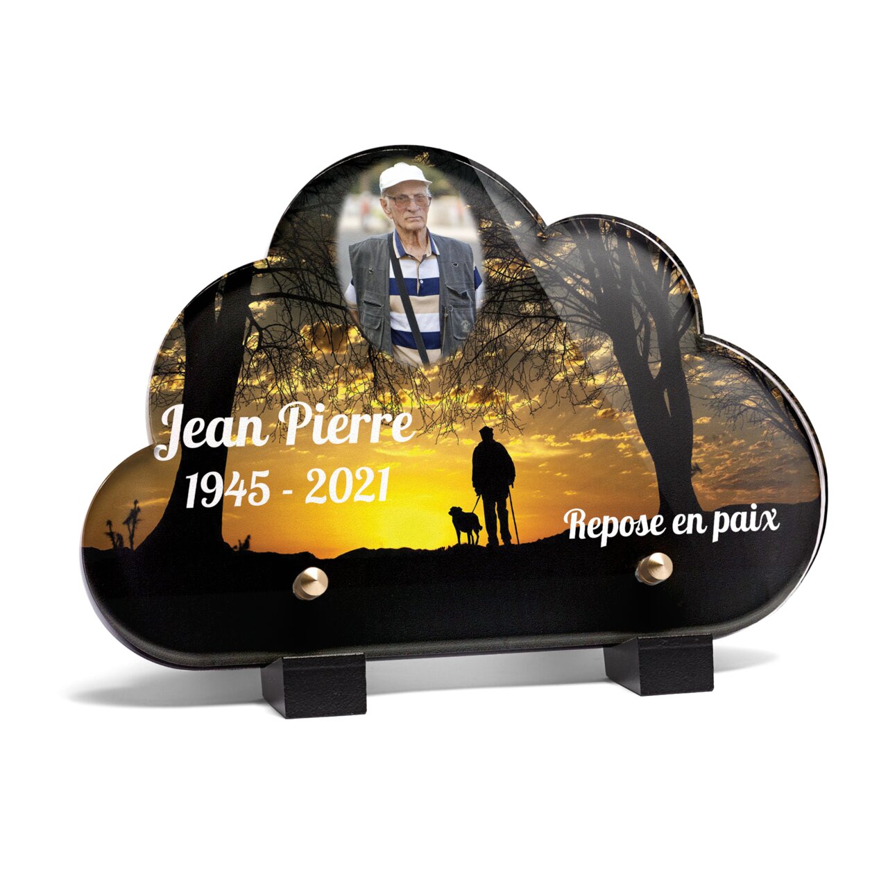 Plaque funéraire silhouette-dun-homme-et-son-chien-forme-nuage 12 Plaquedeces.fr
