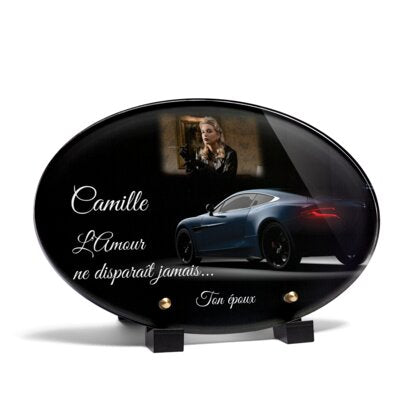 Plaque funéraire voiture-luxueuse-forme-ovale 11 Plaquedeces.fr
