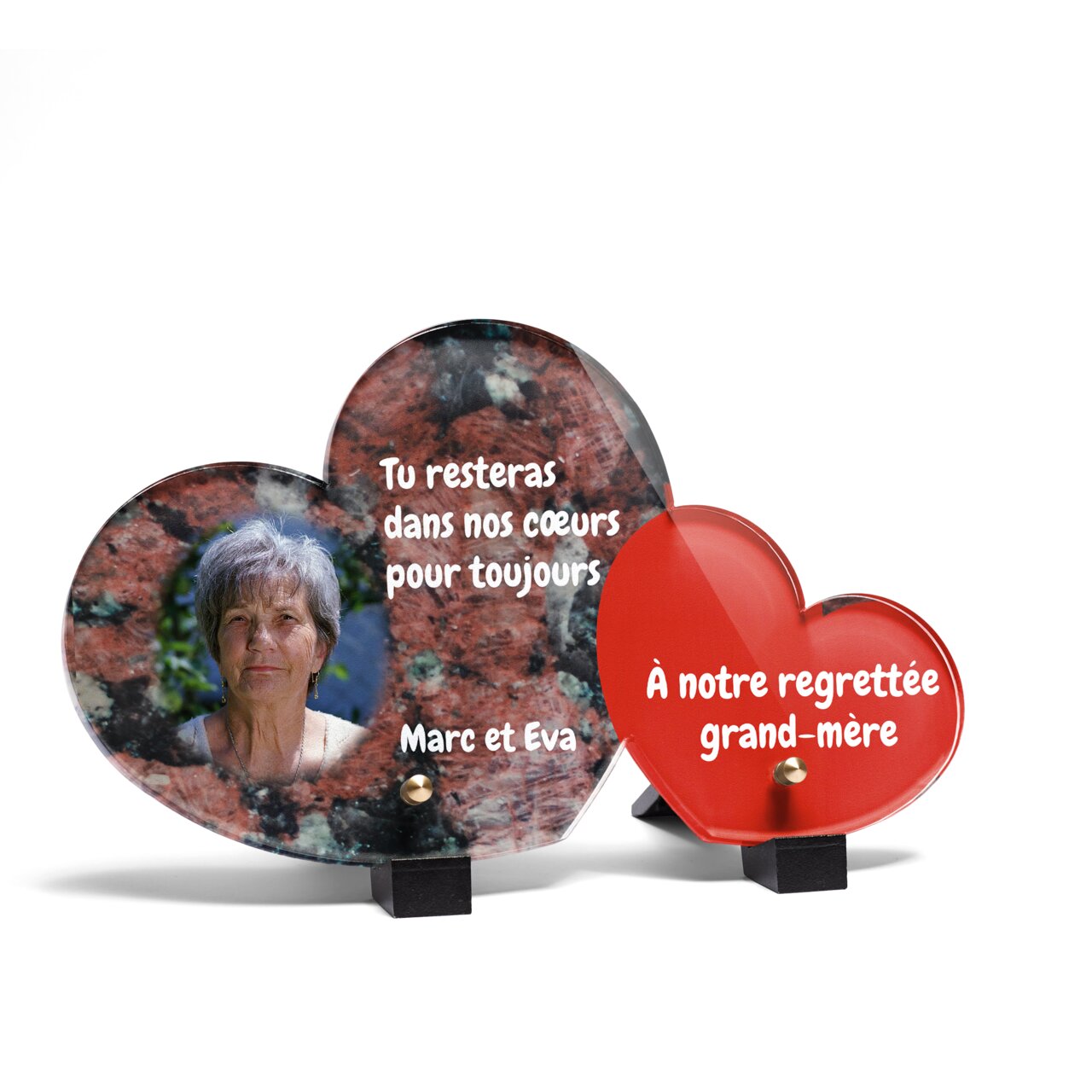 Plaque funéraire livre-granit-rose-forme-double-coeur 30 Plaquedeces.fr
