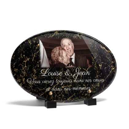 Plaque funéraire livre-marbre-noir-et-or-forme-ovale 7 Plaquedeces.fr
