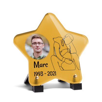 Plaque funéraire dessin-chien-et-humain-forme-etoile 2 Plaquedeces.fr
