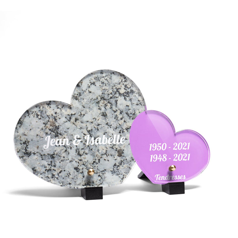 Plaque funéraire livre-granite-gris-forme-double-coeur 26 Plaquedeces.fr
