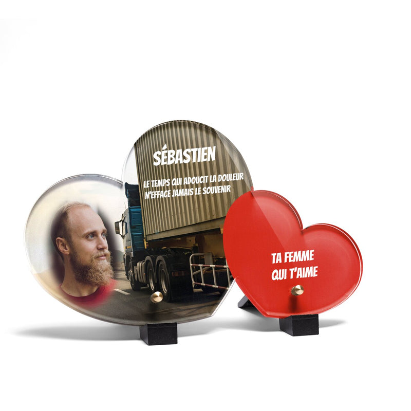 Plaque funéraire camion-sur-route-ensoleillee-forme-double-coeur 19 Plaquedeces.fr
