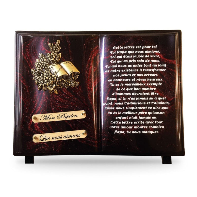 Plaque funéraire livre-avec-texte-paillete-rouge 24 Plaquedeces.fr
