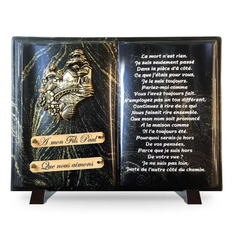 Plaque funéraire livre-avec-texte-paillete-or 28 Plaquedeces.fr