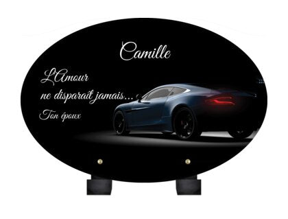 Plaque funéraire voiture-luxueuse-forme-ovale 11 Plaquedeces.fr
