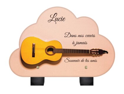Plaque funéraire guitare-jaune-sur-fond-rose-forme-nuage 17 Plaquedeces.fr
