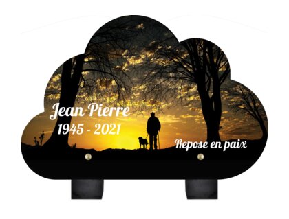 Plaque funéraire silhouette-dun-homme-et-son-chien-forme-nuage 12 Plaquedeces.fr

