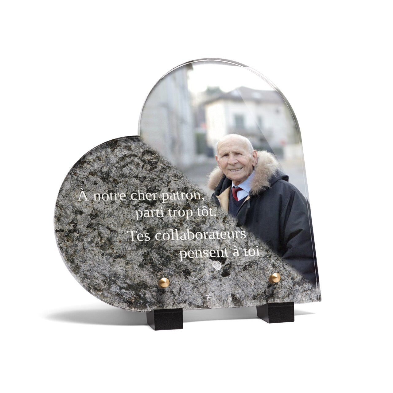 Plaque funéraire livre-granite-gris-forme-coeur 13 Plaquedeces.fr
