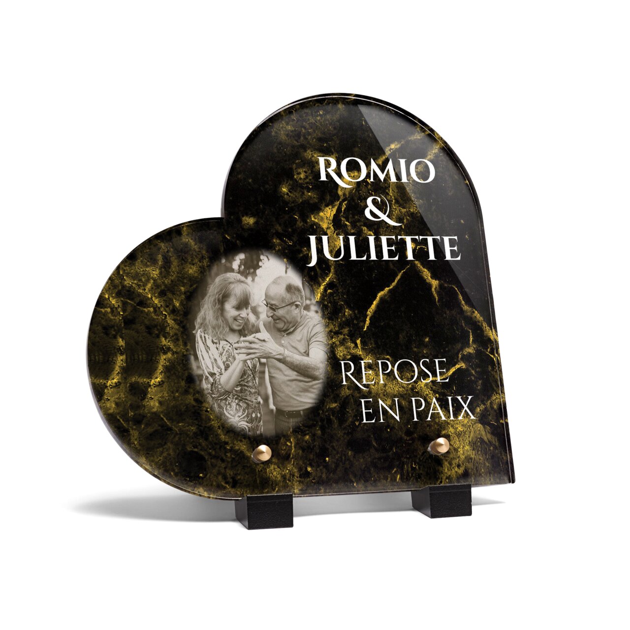 Plaque funéraire livre-marbre-noir-et-or-forme-coeur 17 Plaquedeces.fr
