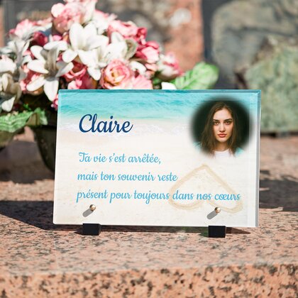 Plaque funéraire coeur-sable-blanc 28 Plaquedeces.fr
