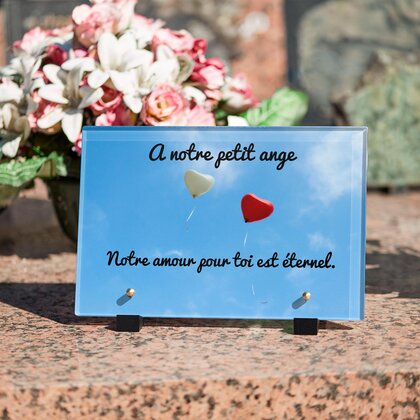 Plaque funéraire ballons-coeurs 28 Plaquedeces.fr
