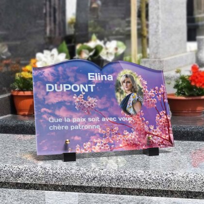 Plaque funéraire fleurs-de-cerisier-forme-livre 24 Plaquedeces.fr
