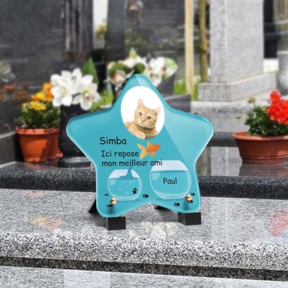 Plaque funéraire chat-aquarium-forme-etoile 2 Plaquedeces.fr
