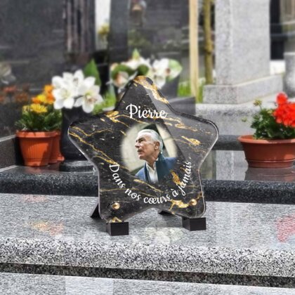 Plaque funéraire livre-marbre-noir-et-or-forme-etoile 2 Plaquedeces.fr
