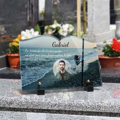 Plaque funéraire canne-a-peche-a-la-plage-forme-livre 12 Plaquedeces.fr

