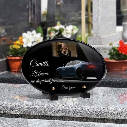 Plaque funéraire voiture-luxueuse-forme-ovale 16 Plaquedeces.fr

