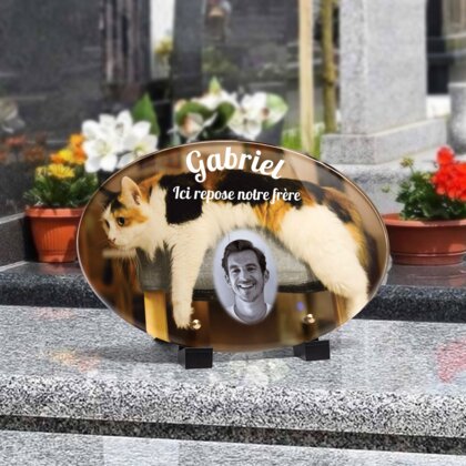 Plaque funéraire chat-qui-sallonge-forme-ovale 28 Plaquedeces.fr
