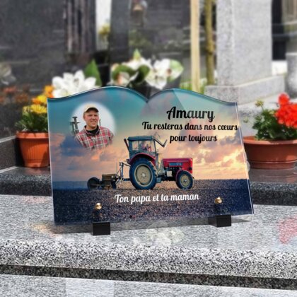 Plaque funéraire agriculteur-avec-son-tracteur-forme-livre 11 Plaquedeces.fr
