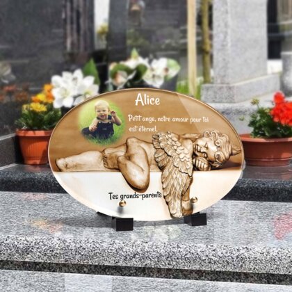 Plaque funéraire petit-ange-qui-dort-forme-ovale 15 Plaquedeces.fr
