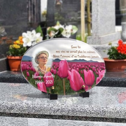 Plaque funéraire champ-de-tulipes-forme-ovale 14 Plaquedeces.fr
