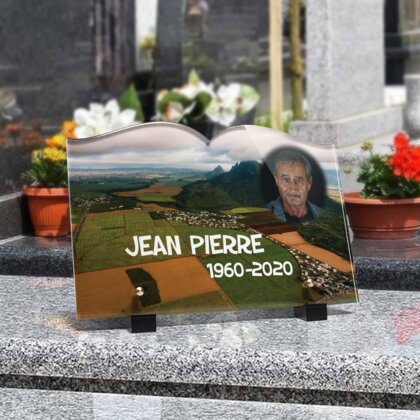 Plaque funéraire champs-vus-du-ciel-forme-livre 20 Plaquedeces.fr
