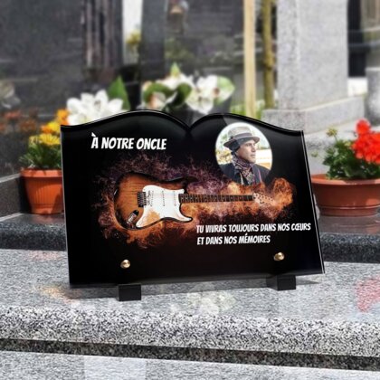 Plaque funéraire guitare-electrique-en-feu-forme-livre 19 Plaquedeces.fr

